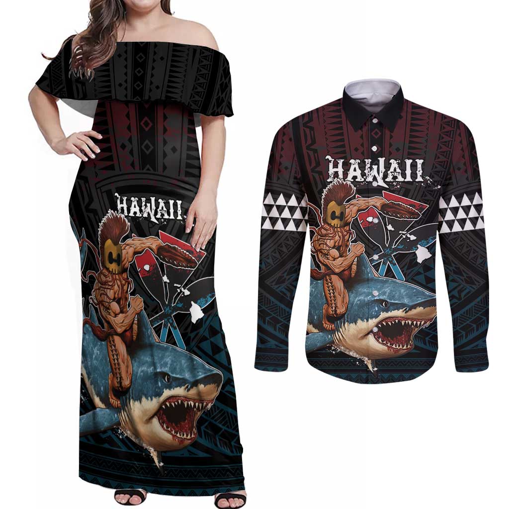 Hawaii Ikaika Couples Matching Off Shoulder Maxi Dress and Long Sleeve Button Shirt Hawaiian Mythic Koa Tribal Warrior LT05 Black - Polynesian Pride