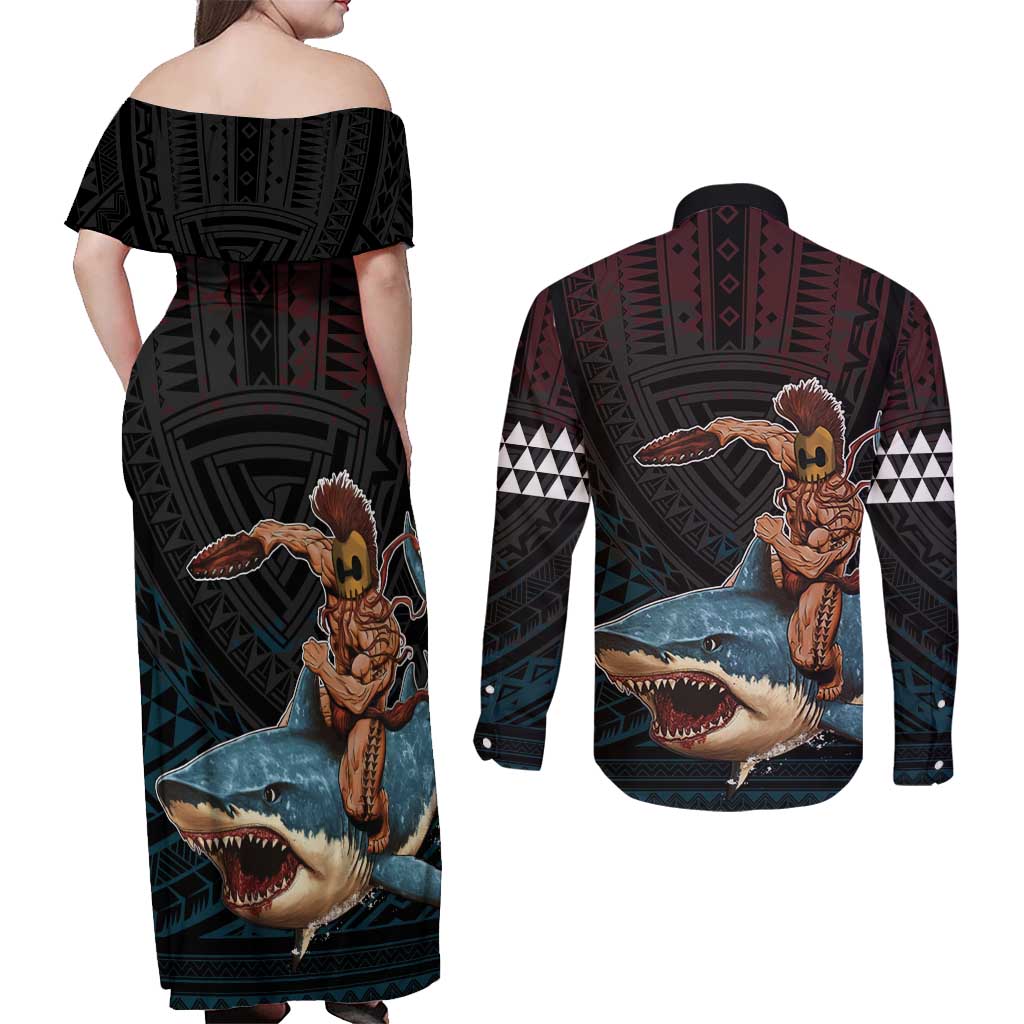 Hawaii Ikaika Couples Matching Off Shoulder Maxi Dress and Long Sleeve Button Shirt Hawaiian Mythic Koa Tribal Warrior LT05 - Polynesian Pride