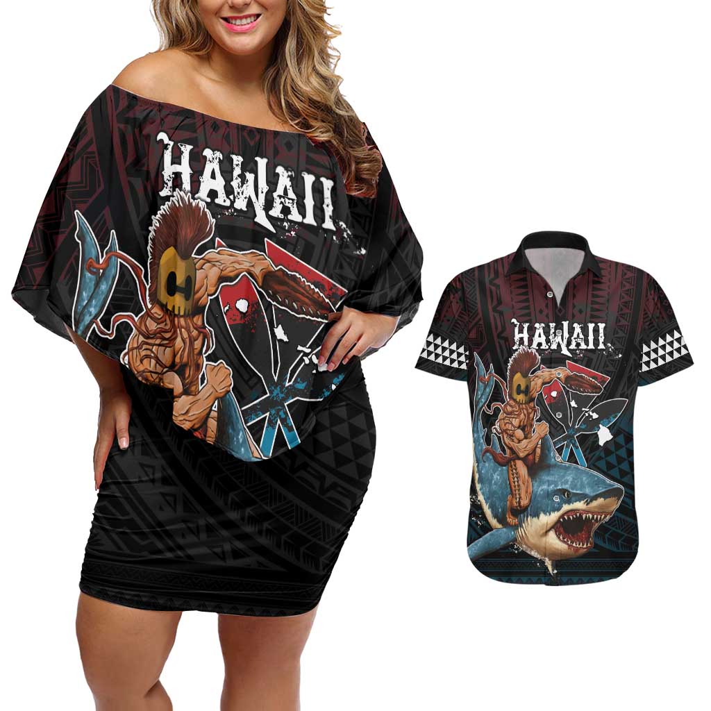 Hawaii Ikaika Couples Matching Off Shoulder Short Dress and Hawaiian Shirt Hawaiian Mythic Koa Tribal Warrior LT05 Black - Polynesian Pride