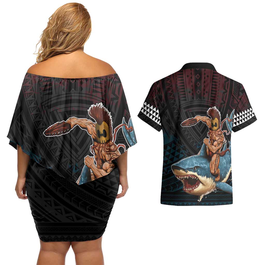 Hawaii Ikaika Couples Matching Off Shoulder Short Dress and Hawaiian Shirt Hawaiian Mythic Koa Tribal Warrior LT05 - Polynesian Pride