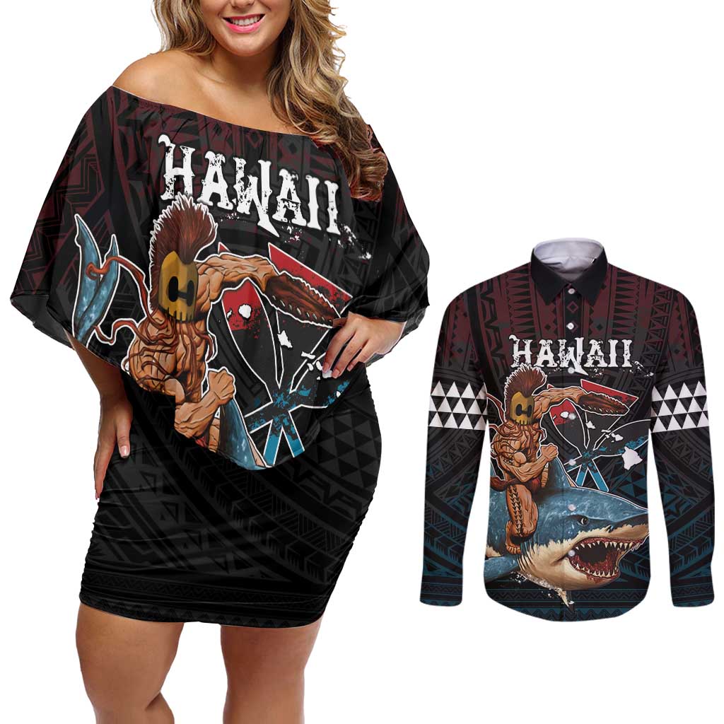 Hawaii Ikaika Couples Matching Off Shoulder Short Dress and Long Sleeve Button Shirt Hawaiian Mythic Koa Tribal Warrior LT05 Black - Polynesian Pride