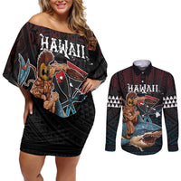 Hawaii Ikaika Couples Matching Off Shoulder Short Dress and Long Sleeve Button Shirt Hawaiian Mythic Koa Tribal Warrior LT05 Black - Polynesian Pride