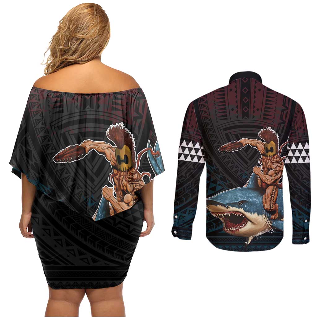 Hawaii Ikaika Couples Matching Off Shoulder Short Dress and Long Sleeve Button Shirt Hawaiian Mythic Koa Tribal Warrior LT05 - Polynesian Pride