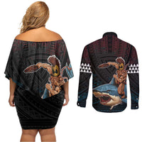 Hawaii Ikaika Couples Matching Off Shoulder Short Dress and Long Sleeve Button Shirt Hawaiian Mythic Koa Tribal Warrior LT05 - Polynesian Pride