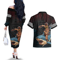 Hawaii Ikaika Couples Matching Off The Shoulder Long Sleeve Dress and Hawaiian Shirt Hawaiian Mythic Koa Tribal Warrior