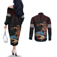 Hawaii Ikaika Couples Matching Off The Shoulder Long Sleeve Dress and Long Sleeve Button Shirt Hawaiian Mythic Koa Tribal Warrior LT05 - Polynesian Pride