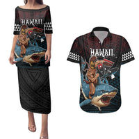 Hawaii Ikaika Couples Matching Puletasi and Hawaiian Shirt Hawaiian Mythic Koa Tribal Warrior LT05 Black - Polynesian Pride