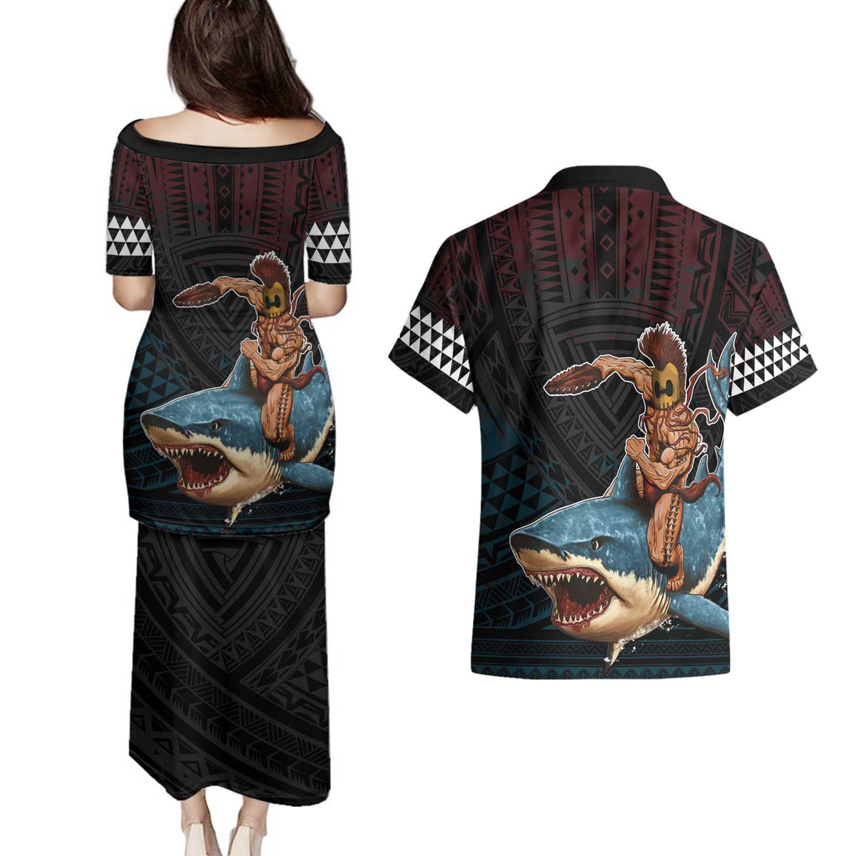 Hawaii Ikaika Couples Matching Puletasi and Hawaiian Shirt Hawaiian Mythic Koa Tribal Warrior LT05 - Polynesian Pride