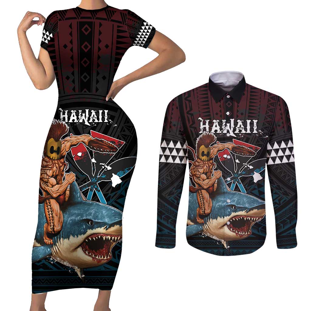 Hawaii Ikaika Couples Matching Short Sleeve Bodycon Dress and Long Sleeve Button Shirt Hawaiian Mythic Koa Tribal Warrior LT05 Black - Polynesian Pride