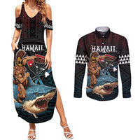 Hawaii Ikaika Couples Matching Summer Maxi Dress and Long Sleeve Button Shirt Hawaiian Mythic Koa Tribal Warrior LT05 Black - Polynesian Pride
