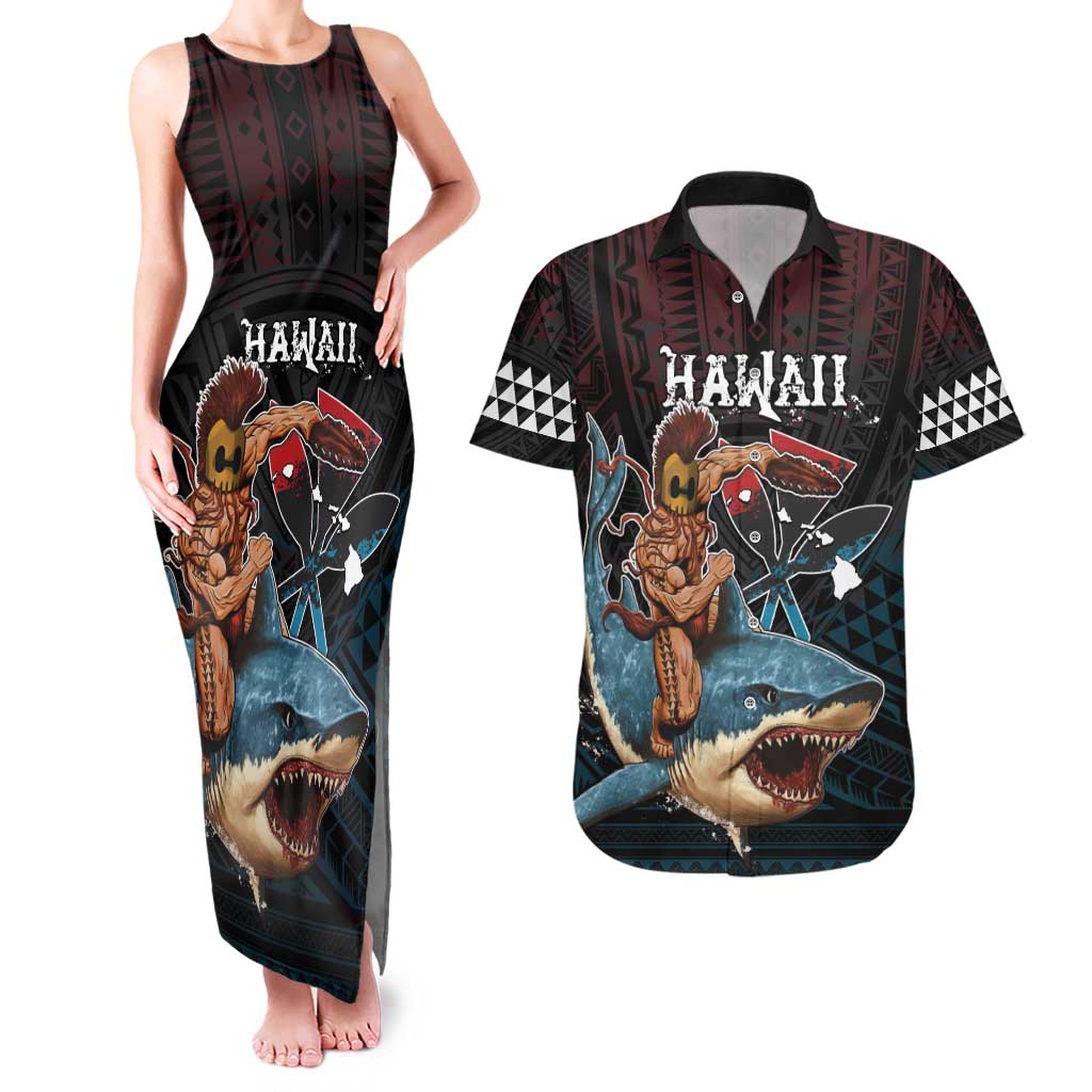 Hawaii Ikaika Couples Matching Tank Maxi Dress and Hawaiian Shirt Hawaiian Mythic Koa Tribal Warrior LT05 Black - Polynesian Pride