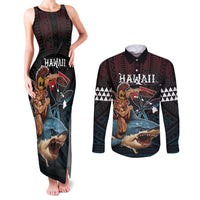 Hawaii Ikaika Couples Matching Tank Maxi Dress and Long Sleeve Button Shirt Hawaiian Mythic Koa Tribal Warrior LT05 Black - Polynesian Pride