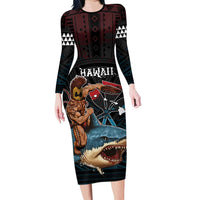 Hawaii Ikaika Family Matching Long Sleeve Bodycon Dress and Hawaiian Shirt Hawaiian Mythic Koa Tribal Warrior LT05 Mom's Dress Black - Polynesian Pride
