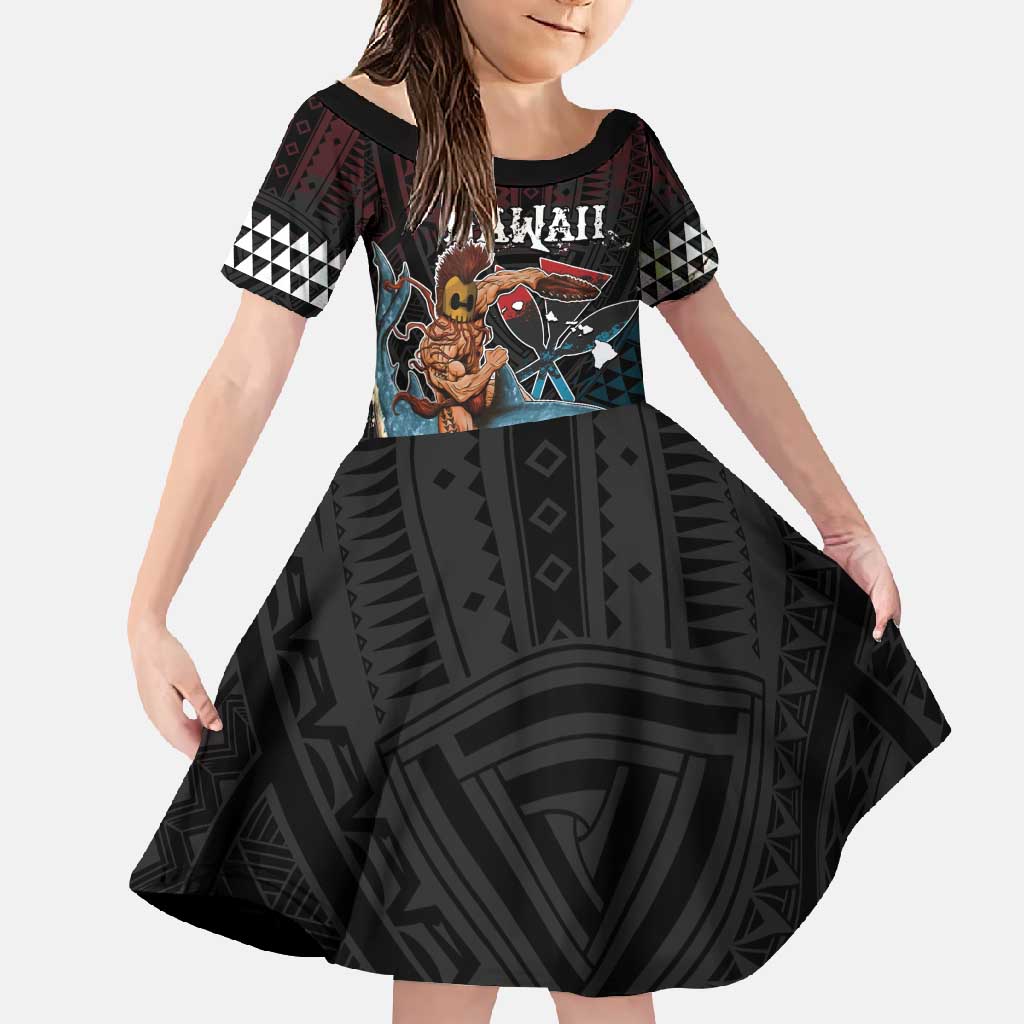 Hawaii Ikaika Family Matching Short Sleeve Bodycon Dress and Hawaiian Shirt Hawaiian Mythic Koa Tribal Warrior LT05 Daughter's Dress Black - Polynesian Pride