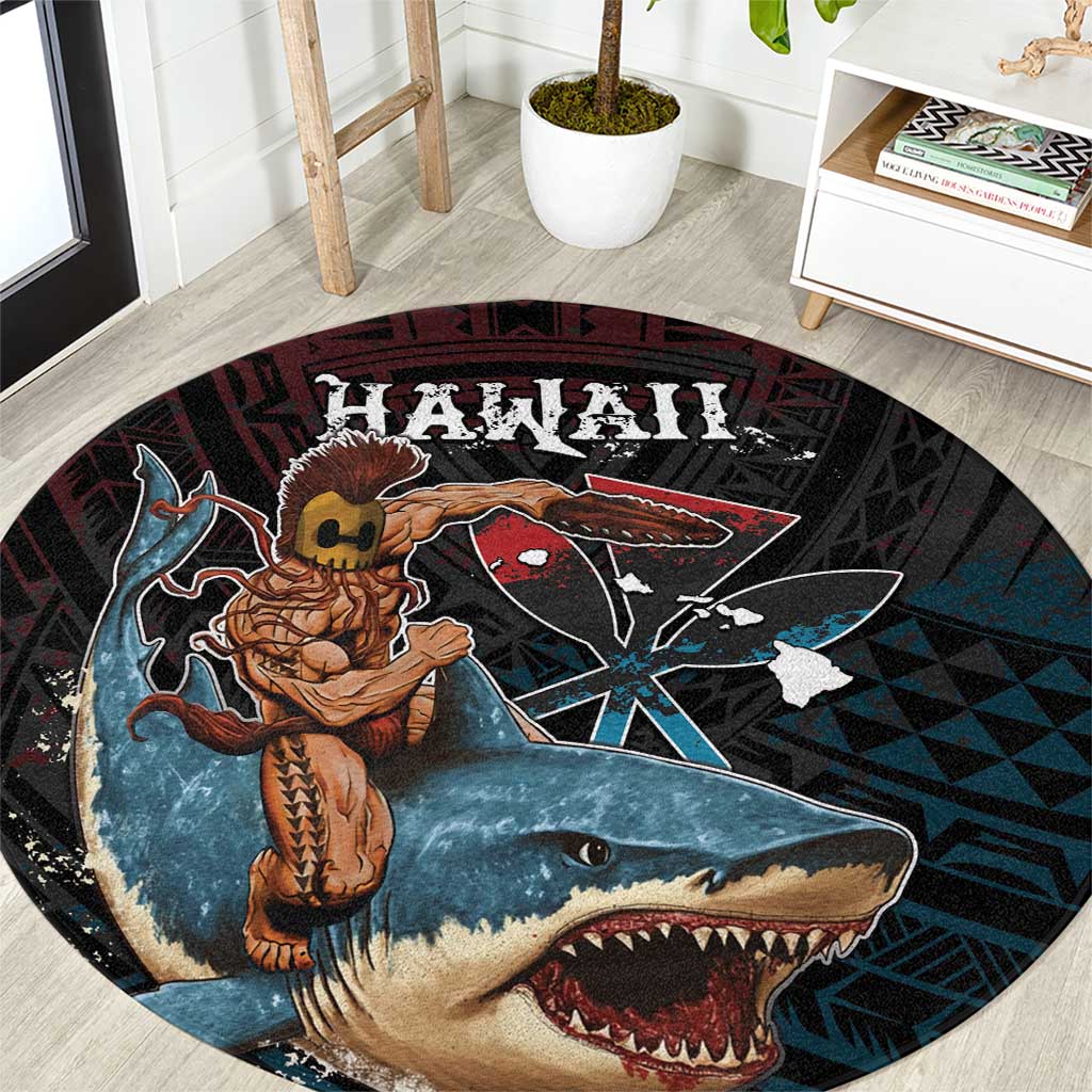 Hawaii Ikaika Round Carpet Hawaiian Mythic Koa Tribal Warrior LT05 Black - Polynesian Pride
