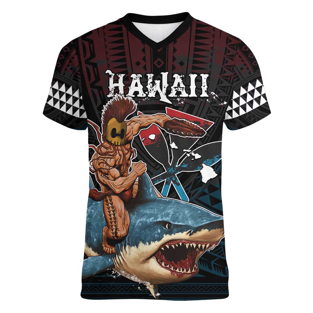Hawaii Ikaika Women V-Neck T-Shirt Hawaiian Mythic Koa Tribal Warrior LT05 Female Black - Polynesian Pride