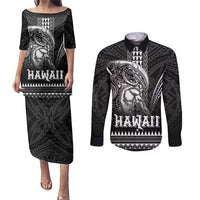 Hawaiian Ikaika Warrior Couples Matching Puletasi and Long Sleeve Button Shirt Tribal Pattern LT05 Black - Polynesian Pride