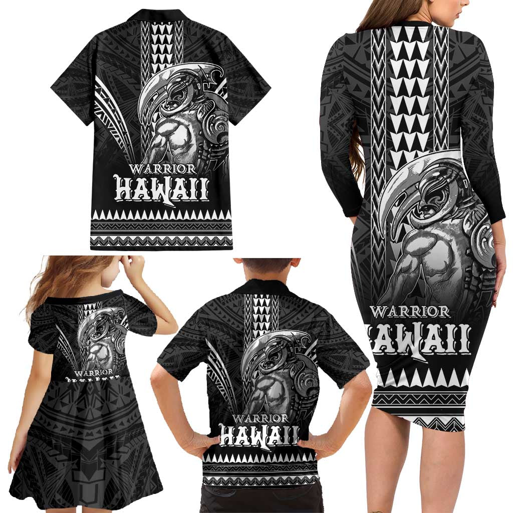 Hawaiian Ikaika Warrior Family Matching Long Sleeve Bodycon Dress and Hawaiian Shirt Tribal Pattern LT05 - Polynesian Pride