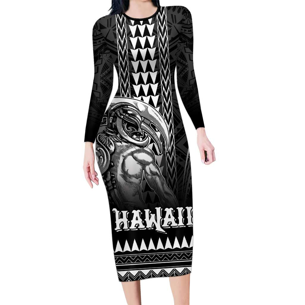 Hawaiian Ikaika Warrior Family Matching Long Sleeve Bodycon Dress and Hawaiian Shirt Tribal Pattern LT05 Mom's Dress Black - Polynesian Pride