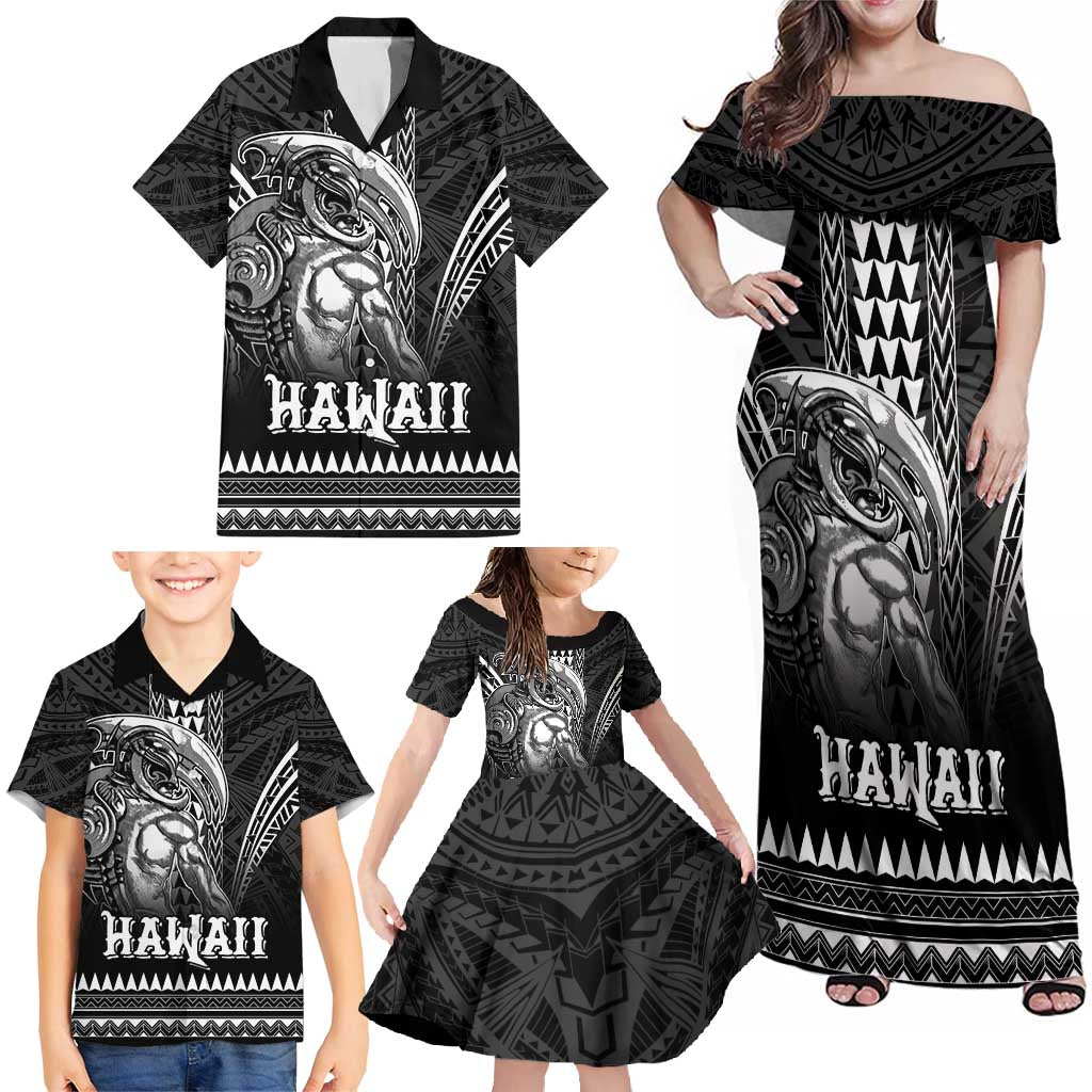 Hawaiian Ikaika Warrior Family Matching Off Shoulder Maxi Dress and Hawaiian Shirt Tribal Pattern LT05 - Polynesian Pride