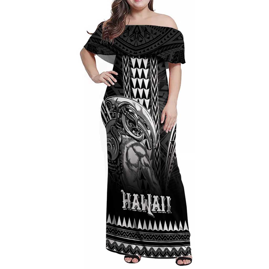 Hawaiian Ikaika Warrior Family Matching Off Shoulder Maxi Dress and Hawaiian Shirt Tribal Pattern LT05 Mom's Dress Black - Polynesian Pride