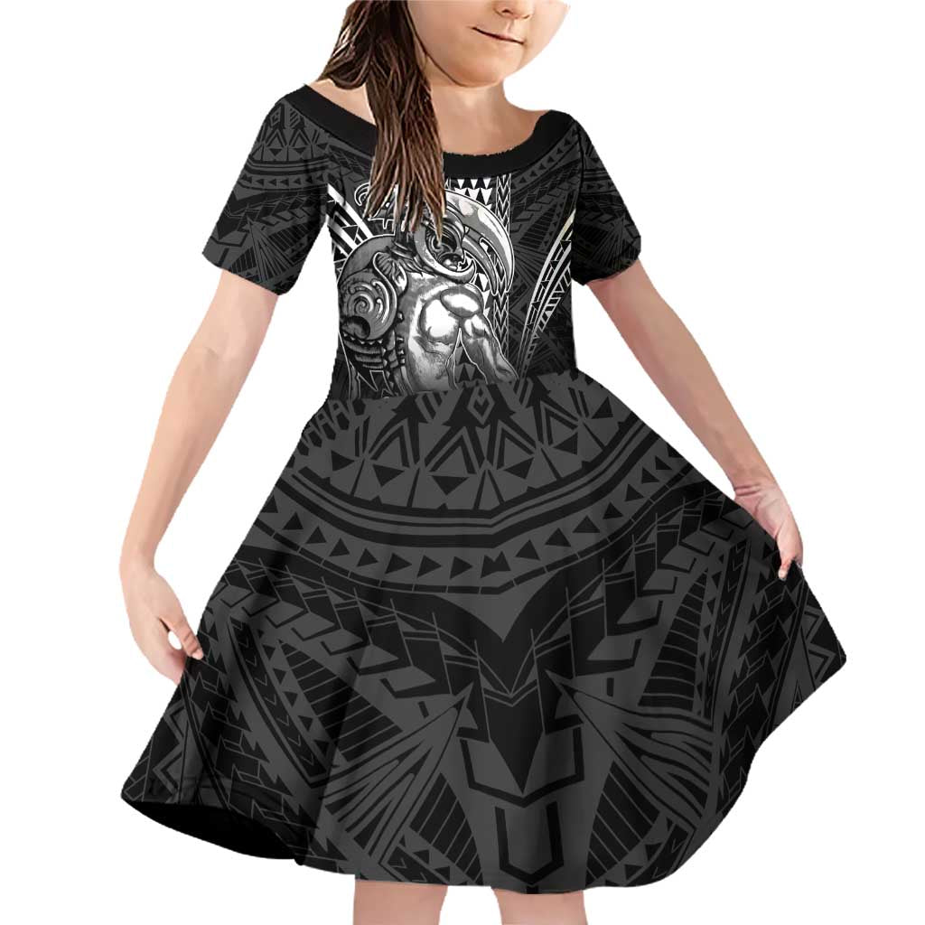 Hawaiian Ikaika Warrior Family Matching Off Shoulder Short Dress and Hawaiian Shirt Tribal Pattern LT05 Daughter's Dress Black - Polynesian Pride