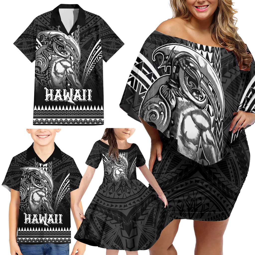 Hawaiian Ikaika Warrior Family Matching Off Shoulder Short Dress and Hawaiian Shirt Tribal Pattern LT05 - Polynesian Pride