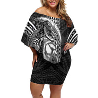 Hawaiian Ikaika Warrior Family Matching Off Shoulder Short Dress and Hawaiian Shirt Tribal Pattern LT05 Mom's Dress Black - Polynesian Pride