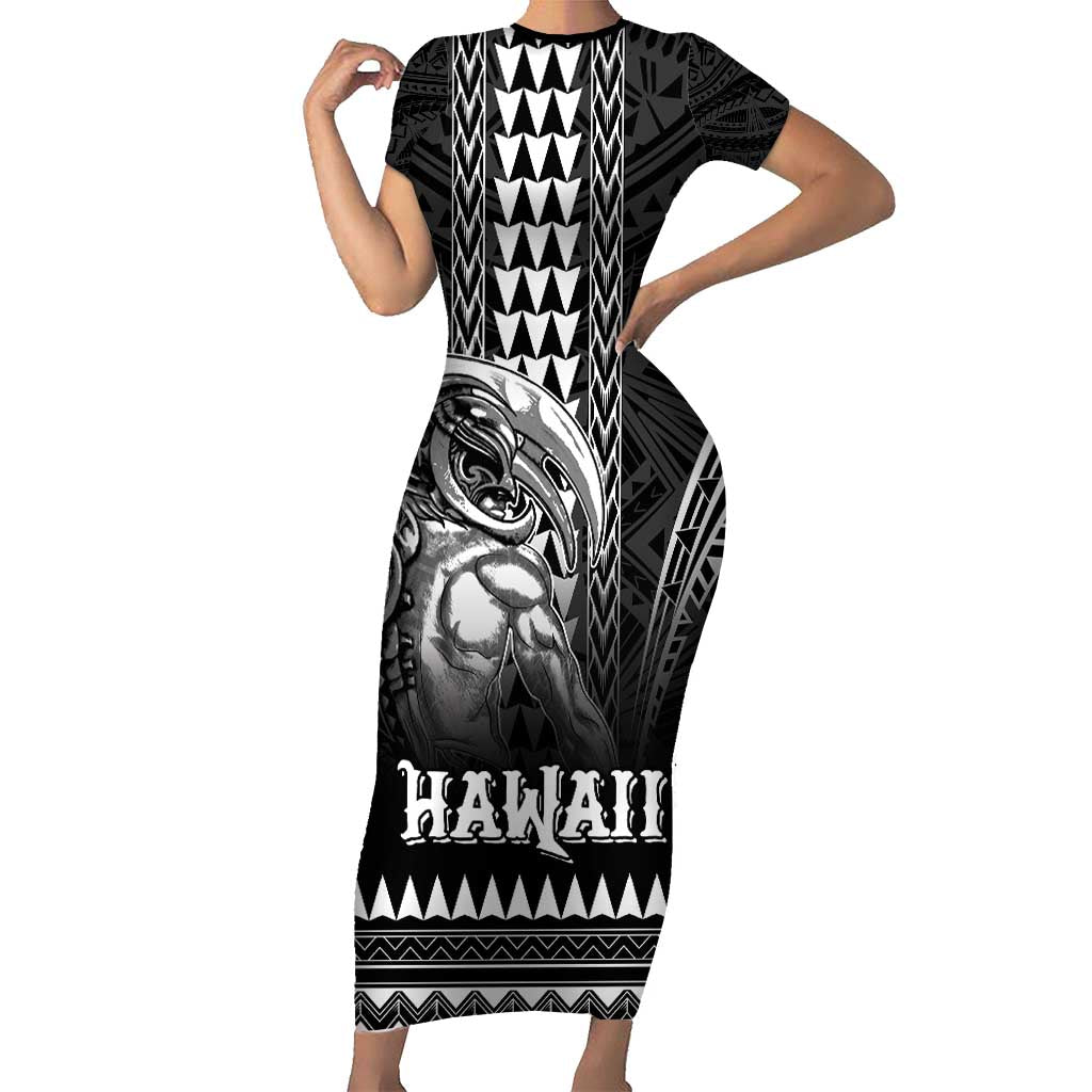 Hawaiian Ikaika Warrior Family Matching Short Sleeve Bodycon Dress and Hawaiian Shirt Tribal Pattern LT05 Mom's Dress Black - Polynesian Pride