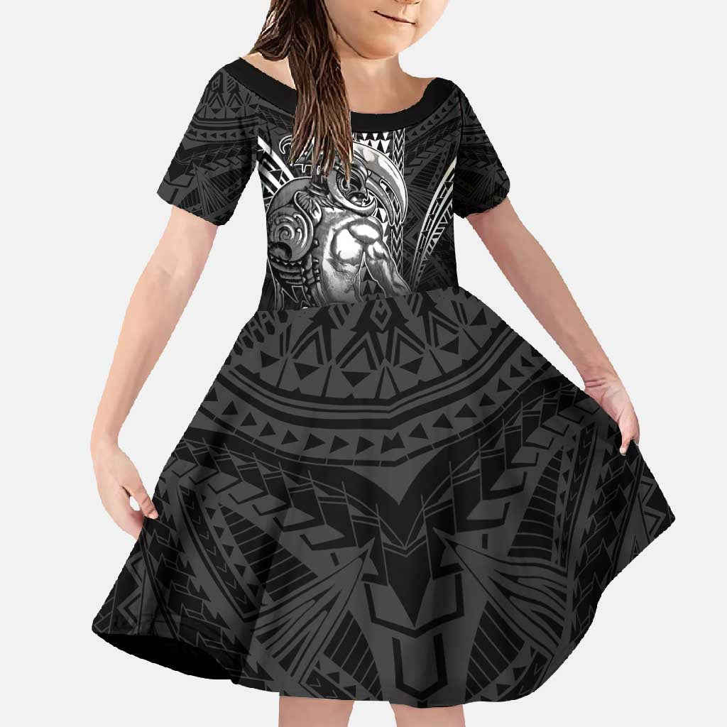 Hawaiian Ikaika Warrior Family Matching Tank Maxi Dress and Hawaiian Shirt Tribal Pattern LT05 Daughter's Dress Black - Polynesian Pride