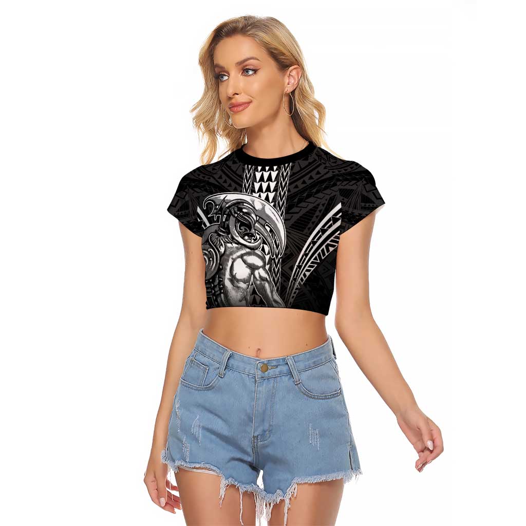 Hawaiian Ikaika Warrior Raglan Cropped T Shirt Tribal Pattern LT05 Female Black - Polynesian Pride