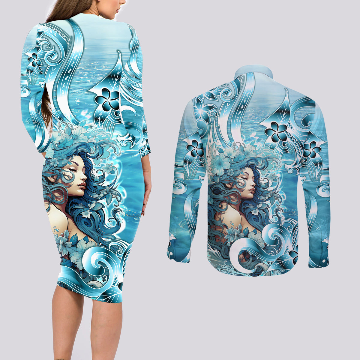 Hawaii Namaka Goddess Of The Sea Couples Matching Long Sleeve Bodycon Dress and Long Sleeve Button Shirt Polynesian Style LT05 - Polynesian Pride