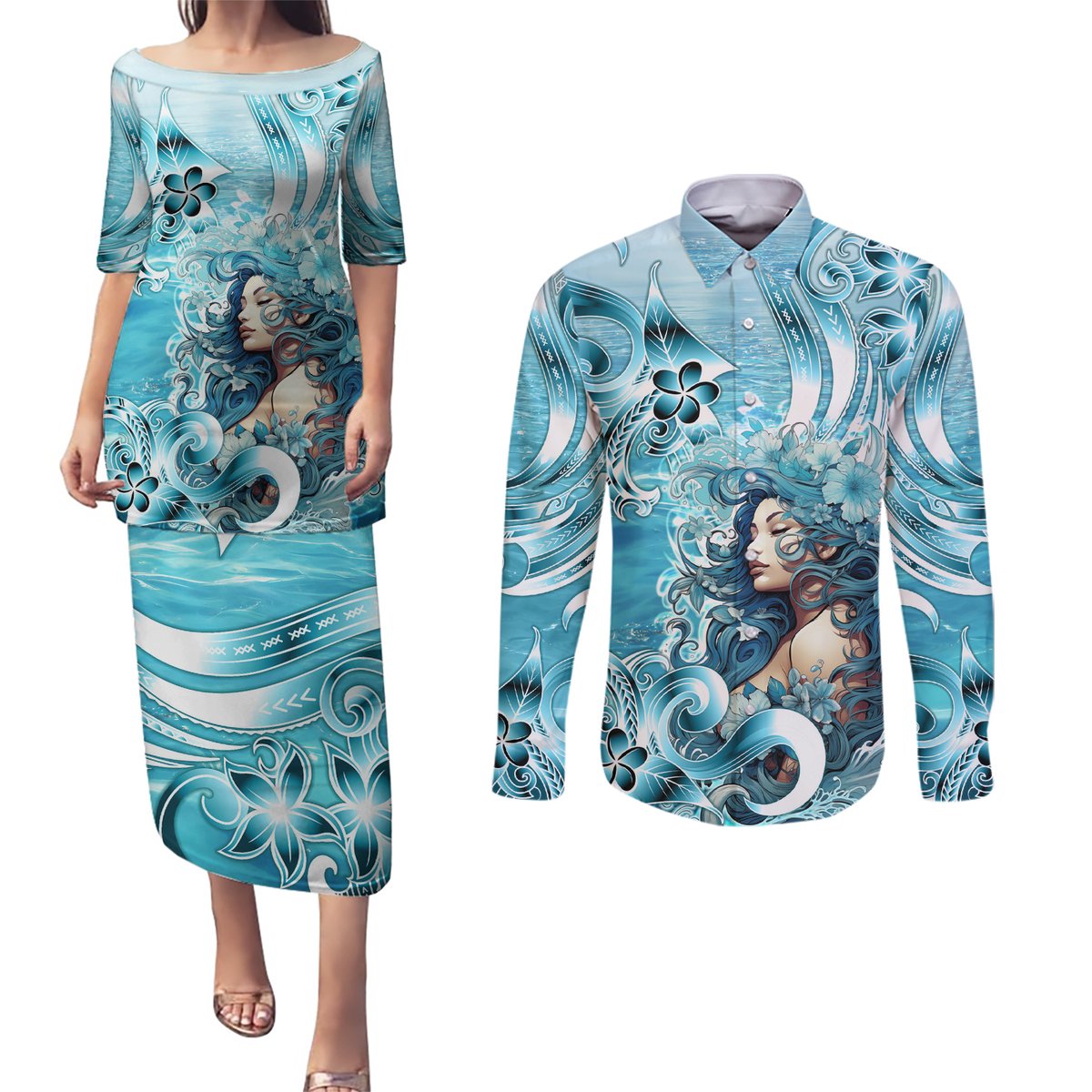 Hawaii Namaka Goddess Of The Sea Couples Matching Puletasi and Long Sleeve Button Shirt Polynesian Style LT05 Turquoise - Polynesian Pride