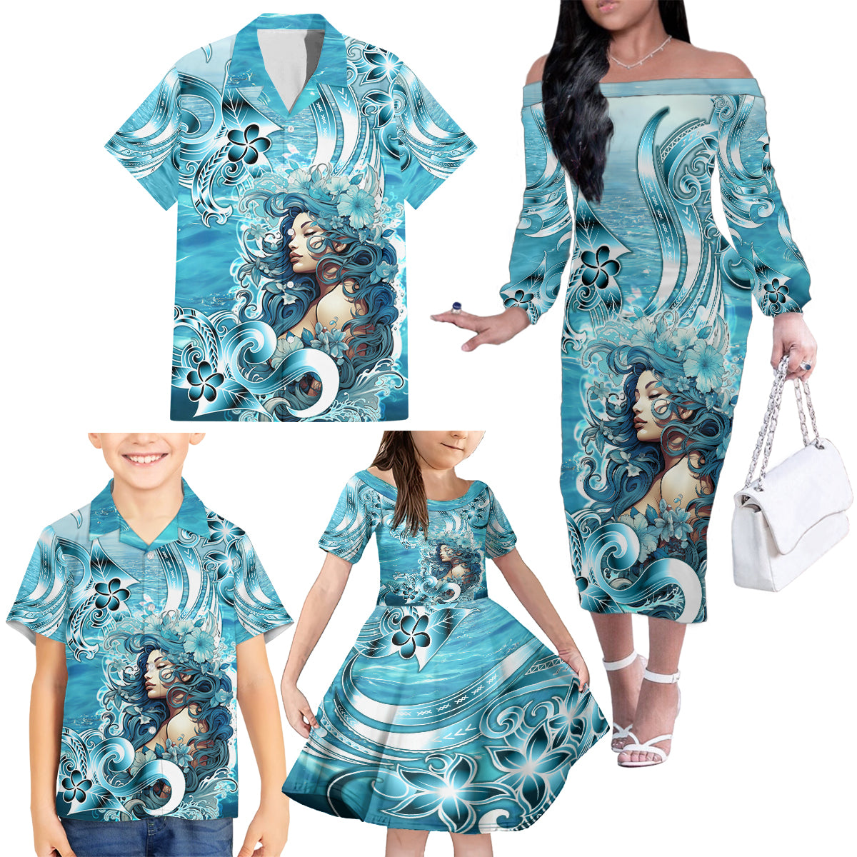 Hawaii Namaka Goddess Of The Sea Family Matching Off Shoulder Long Sleeve Dress and Hawaiian Shirt Polynesian Style LT05 - Polynesian Pride
