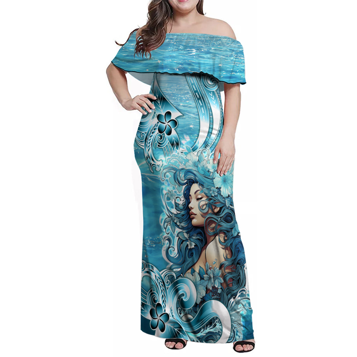 Hawaii Namaka Goddess Of The Sea Family Matching Off Shoulder Maxi Dress and Hawaiian Shirt Polynesian Style LT05 Mom's Dress Turquoise - Polynesian Pride