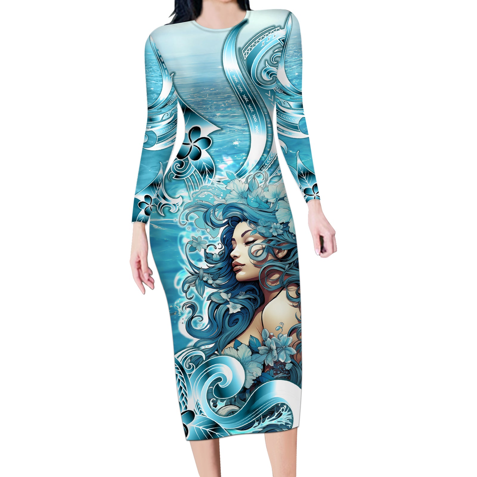 Hawaii Namaka Goddess Of The Sea Long Sleeve Bodycon Dress Polynesian Style LT05 Long Dress Turquoise - Polynesian Pride