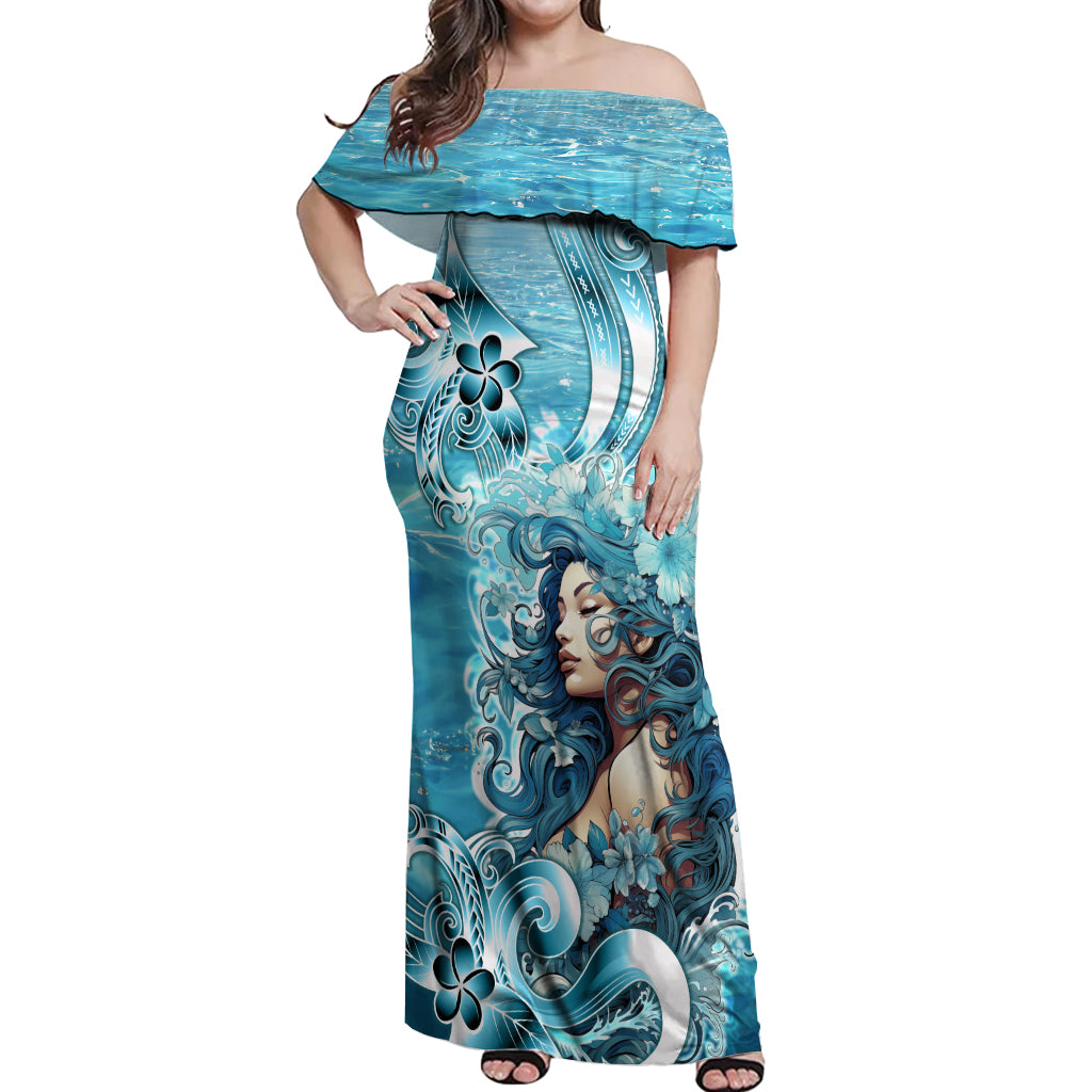 Hawaii Namaka Goddess Of The Sea Off Shoulder Maxi Dress Polynesian Style LT05 Women Turquoise - Polynesian Pride