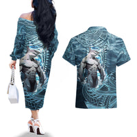 Hawaiian Shark God Kamohoalii Couples Matching Off The Shoulder Long Sleeve Dress and Hawaiian Shirt Polynesian Style LT05 - Polynesian Pride