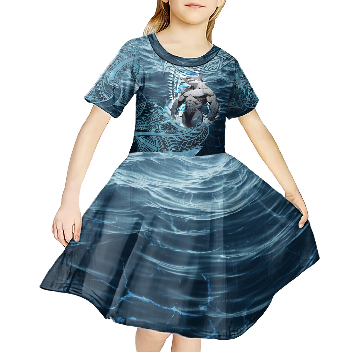 Hawaiian Shark God Kamohoalii Kid Short Sleeve Dress Polynesian Style LT05 - Polynesian Pride