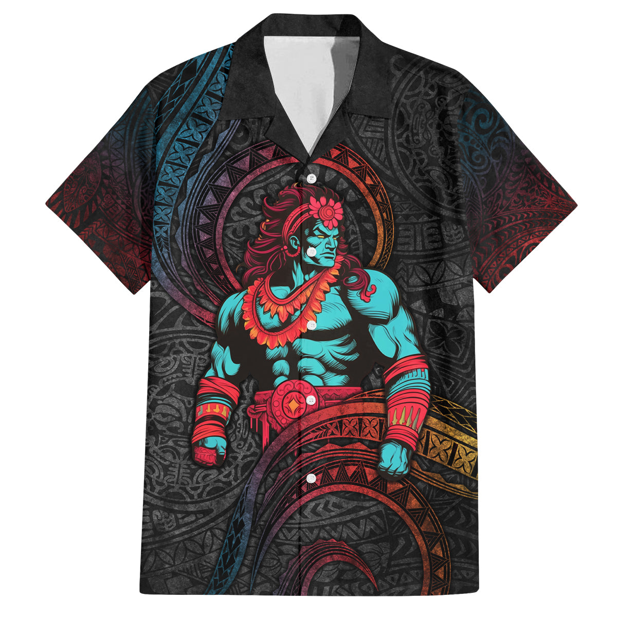 Hawaiian Demigod Maui Family Matching Off Shoulder Maxi Dress and Hawaiian Shirt Polynesian Mythology LT05 Dad's Shirt - Short Sleeve Black - Polynesian Pride