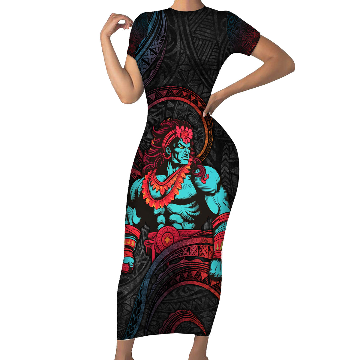 Hawaiian Demigod Maui Family Matching Short Sleeve Bodycon Dress and Hawaiian Shirt Polynesian Mythology LT05 Mom's Dress Black - Polynesian Pride