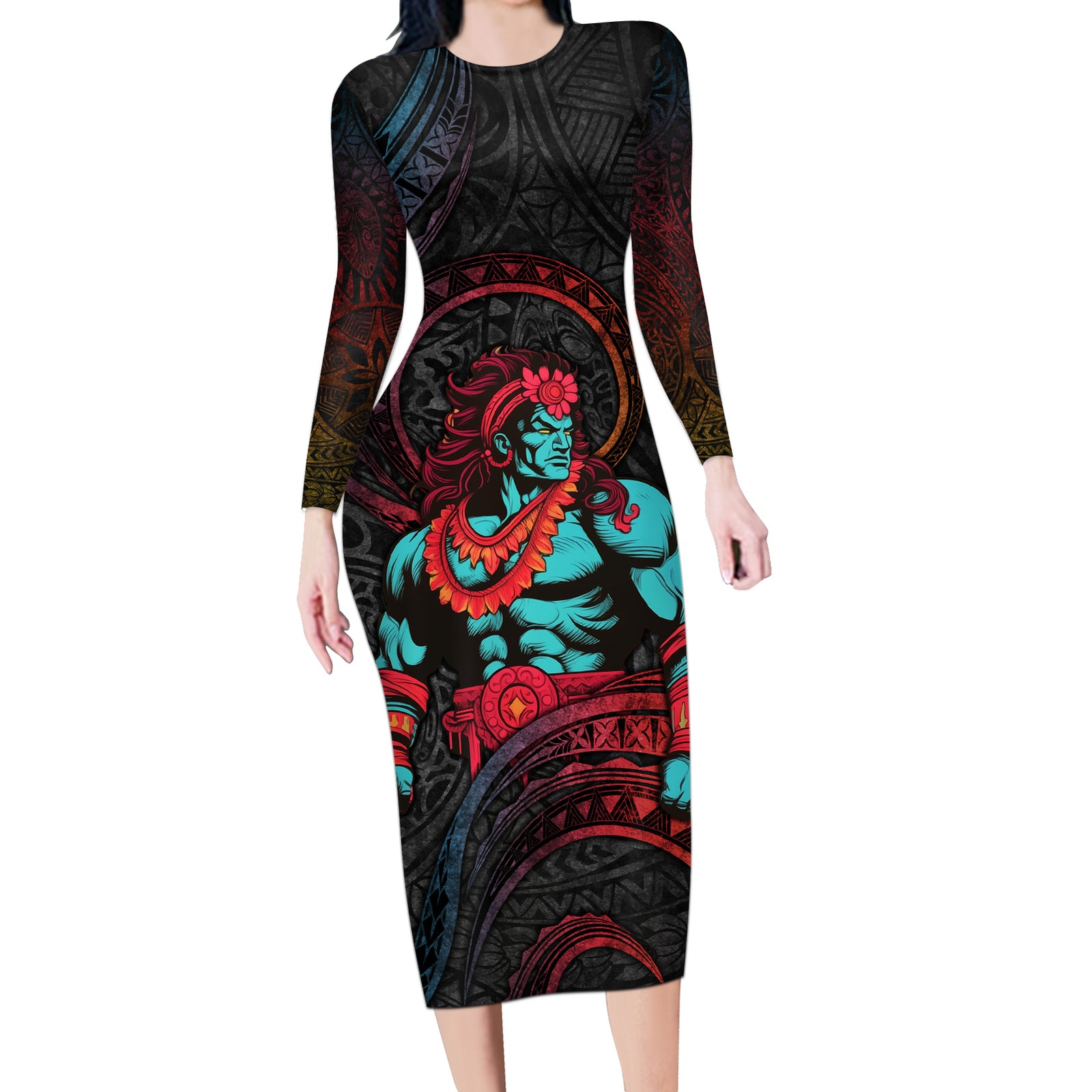 Hawaiian Demigod Maui Long Sleeve Bodycon Dress Polynesian Mythology LT05 Long Dress Black - Polynesian Pride