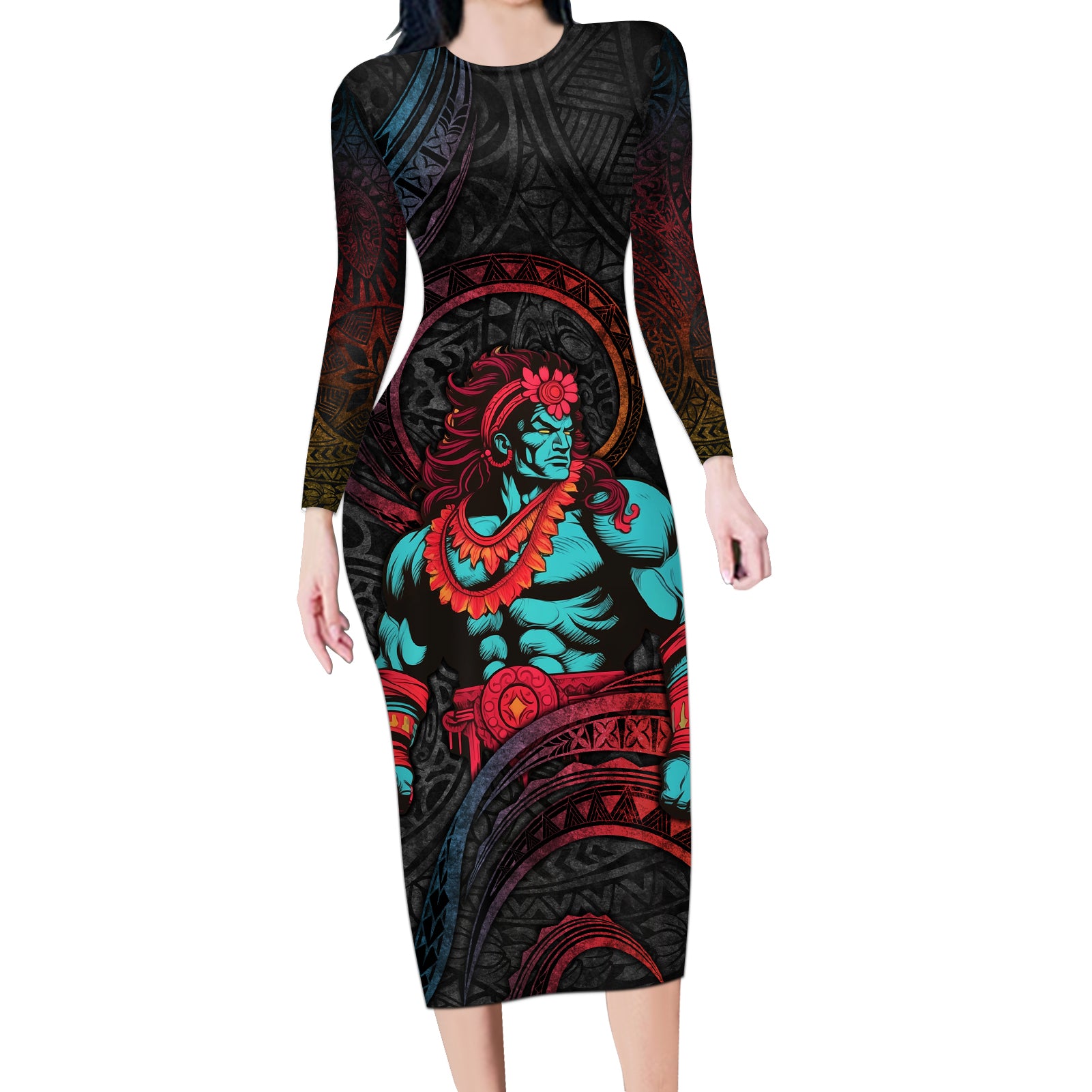 Hawaiian Demigod Maui Long Sleeve Bodycon Dress Polynesian Mythology LT05 Long Dress Black - Polynesian Pride
