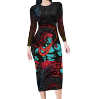 Hawaiian Demigod Maui Long Sleeve Bodycon Dress Polynesian Mythology LT05 Long Dress Black - Polynesian Pride