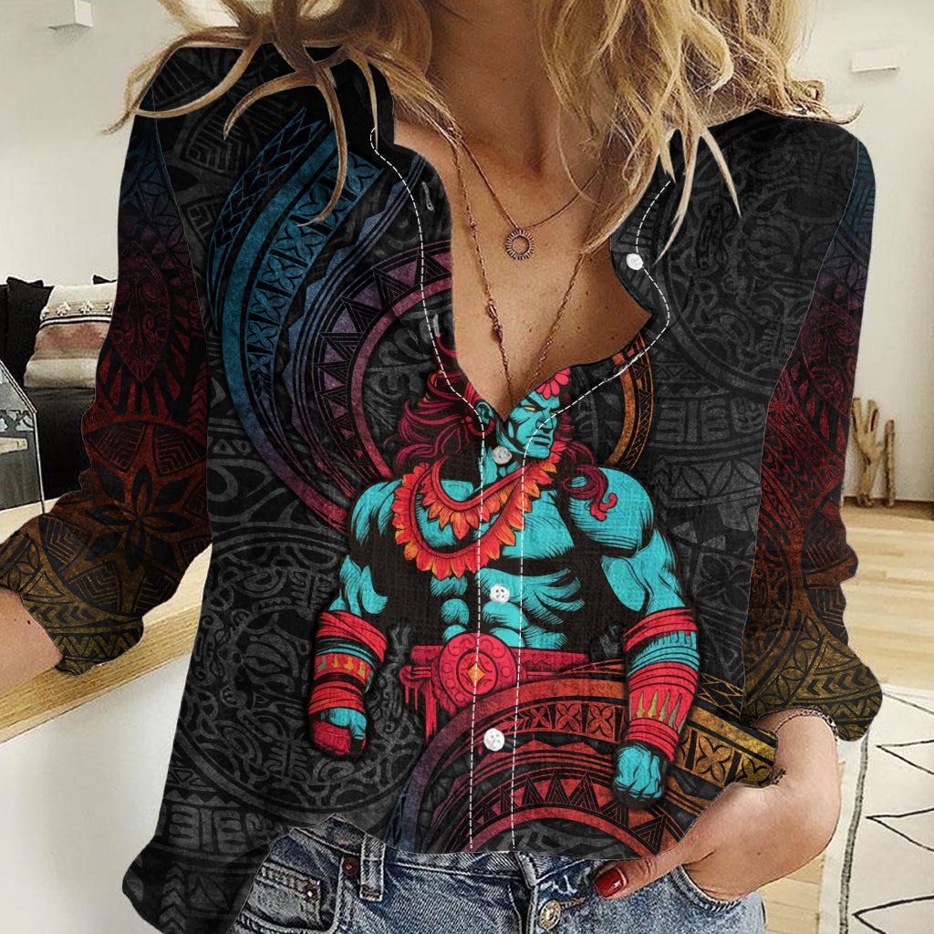 Hawaiian Demigod Maui Women Casual Shirt Polynesian Mythology LT05 Female Black - Polynesian Pride