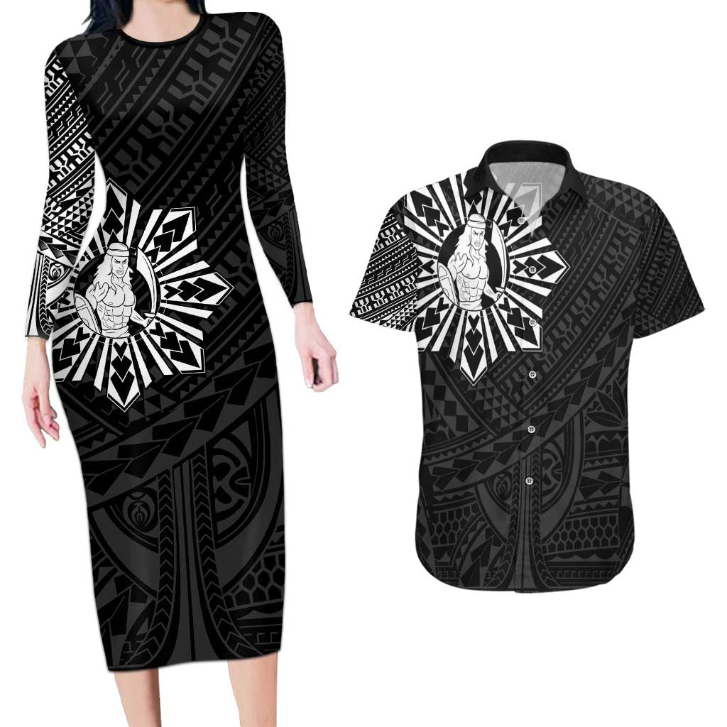Philippines Tribal Couples Matching Long Sleeve Bodycon Dress and Hawaiian Shirt King Lapu Lapu Black Version