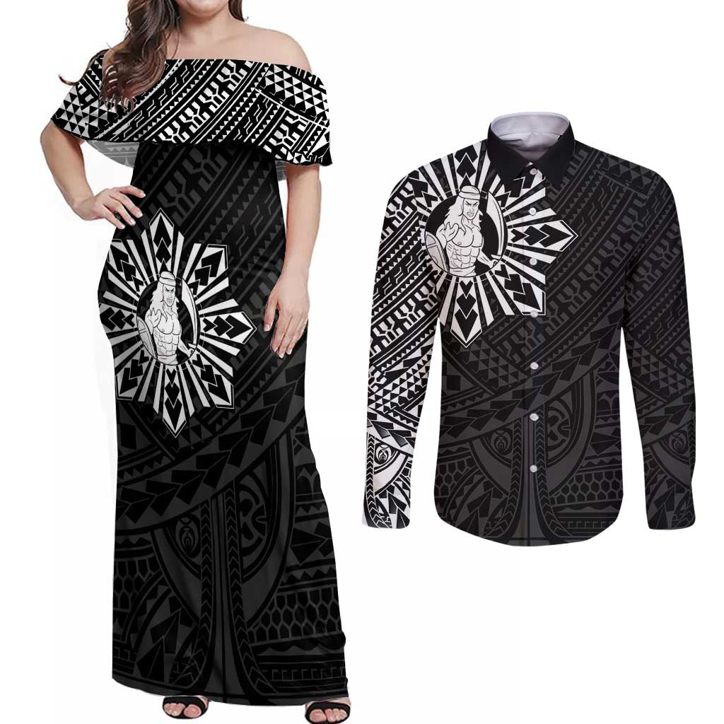 Philippines Tribal Couples Matching Off Shoulder Maxi Dress and Long Sleeve Button Shirt King Lapu Lapu Black Version