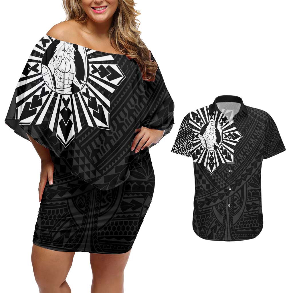 Philippines Tribal Couples Matching Off Shoulder Short Dress and Hawaiian Shirt King Lapu Lapu Black Version