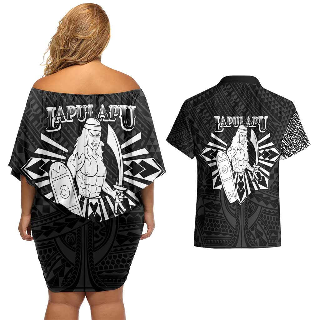 Philippines Tribal Couples Matching Off Shoulder Short Dress and Hawaiian Shirt King Lapu Lapu Black Version