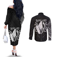 Philippines Tribal Couples Matching Off The Shoulder Long Sleeve Dress and Long Sleeve Button Shirt King Lapu Lapu Black Version LT05 - Polynesian Pride